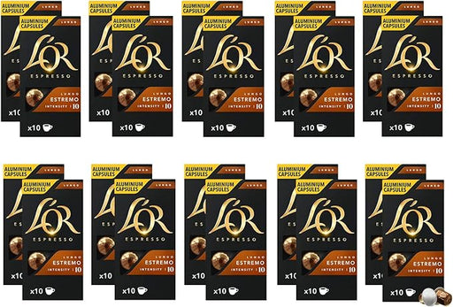 L'OR Espresso Lungo Estremo, Café de Intensidad 10 (200 Cápsulas). Pack ahorro de 200 cápsulas de aluminio compatibles con Nespresso(R)* para un café largo y potente. L'or Espresso - frontal