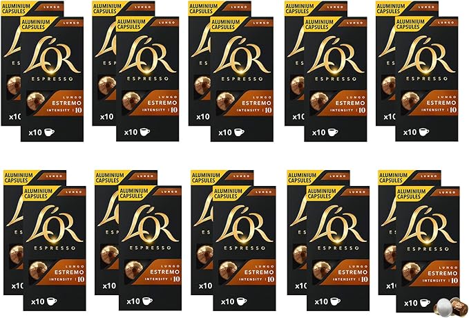L'OR Espresso Lungo Estremo, Café de Intensidad 10 (200 Cápsulas). Pack ahorro de 200 cápsulas de aluminio compatibles con Nespresso(R)* para un café largo y potente. L'or Espresso - frontal