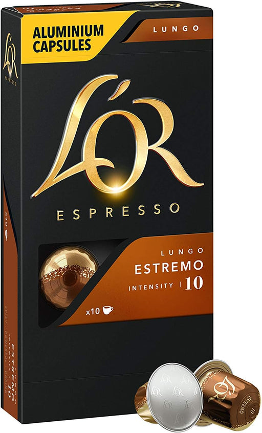 L'OR Espresso Lungo Estremo, Café de Intensidad 10 (200 Cápsulas). Pack ahorro de 200 cápsulas de aluminio compatibles con Nespresso(R)* para un café largo y potente. L'or Espresso - pack