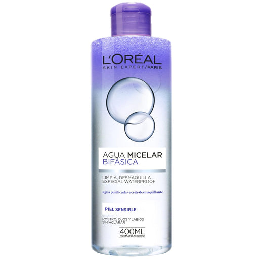 Agua Micelar Bifásica L'Oréal Paris Dermo Expertise (400 ml). El desmaquillante definitivo para pieles sensibles, que elimina el maquillaje waterproof sin frotar. L'oréal Paris - frontal