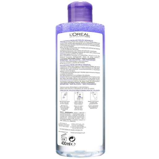Agua Micelar Bifásica L'Oréal Paris Dermo Expertise (400 ml). El desmaquillante definitivo para pieles sensibles, que elimina el maquillaje waterproof sin frotar. L'oréal Paris - pack