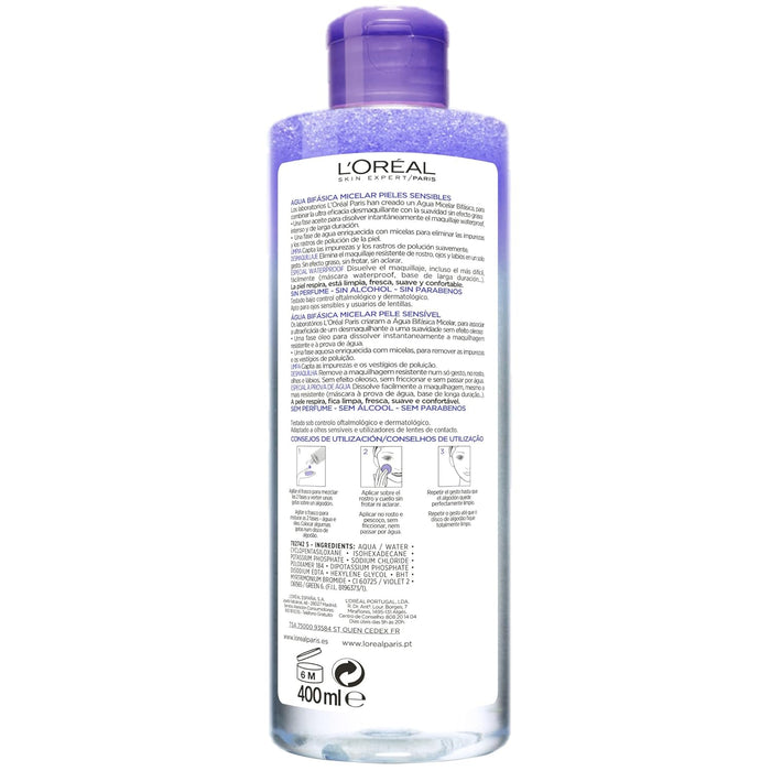 Agua Micelar Bifásica L'Oréal Paris Dermo Expertise (400 ml). El desmaquillante definitivo para pieles sensibles, que elimina el maquillaje waterproof sin frotar. L'oréal Paris - pack