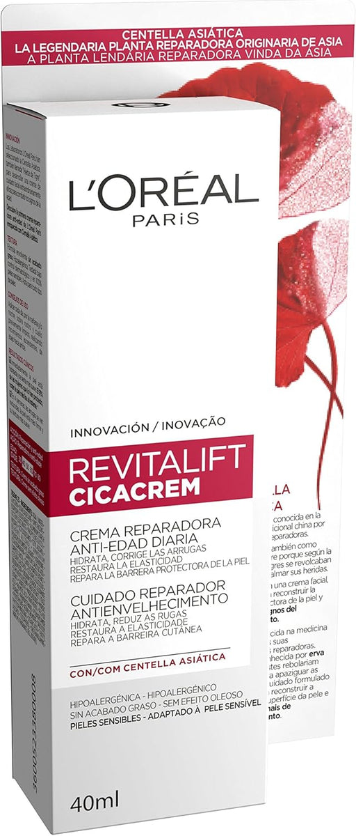 Crema Reparadora Antiedad L'Oréal Paris Revitalift Cicacrem (40 ml). Un tratamiento diario enriquecido con Centella Asiática para reparar la barrera de la piel y reducir las arrugas. L'oréal Paris - pack