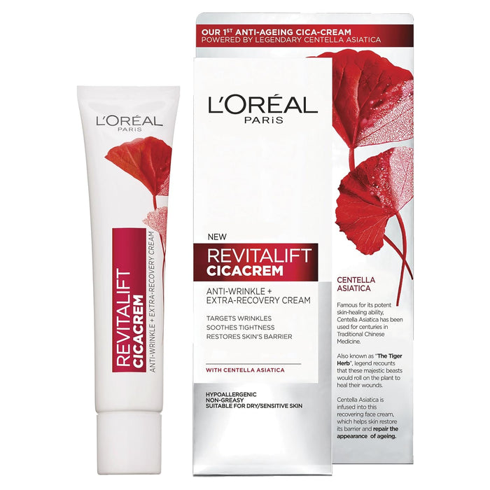 Crema Reparadora Antiedad L'Oréal Paris Revitalift Cicacrem (40 ml). Un tratamiento diario enriquecido con Centella Asiática para reparar la barrera de la piel y reducir las arrugas. L'oréal Paris - ingredientes