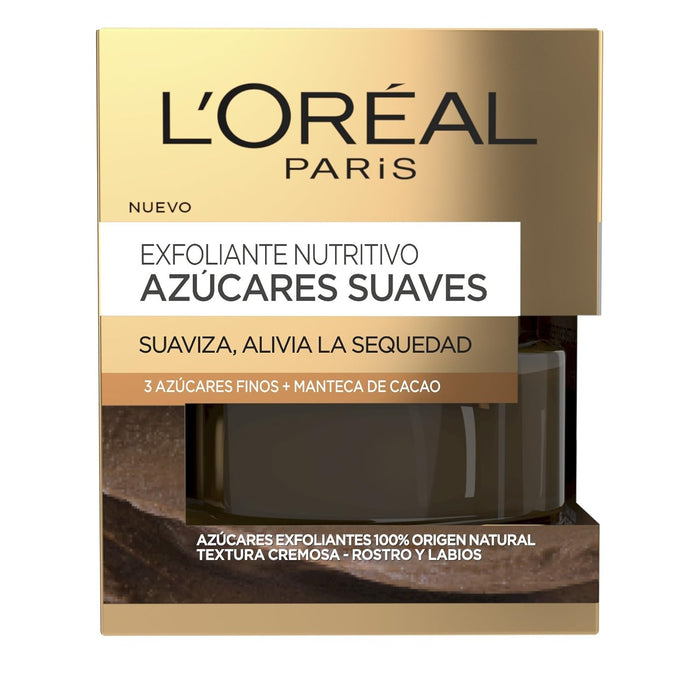 L'Oréal Paris Exfoliante Facial y Labial Nutritivo Azúcares Suaves, 50ml. Un exfoliante gourmet con 3 azúcares finos y manteca de cacao para suavizar, nutrir y aliviar la sequedad. L'oréal Paris - lateral