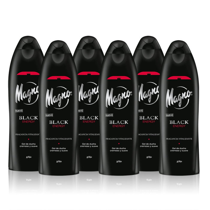Magno Black Energy Gel de Ducha para Hombre, Pack Ahorro de 6x550ml (3,3L). Despierta tus sentidos con su fragancia energizante de toques cítricos y silvestres. Un ritual revitalizante. Magno - frontal