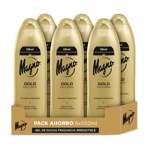 Magno Gold Gel de Ducha, Pack de 6x550ml (3,3L). Descubre la fragancia más moderna y seductora de Magno, con notas amaderadas y florales, en un formato ahorro para tu cuidado diario. Magno - frontal