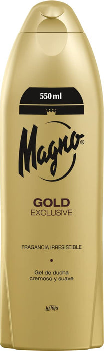Magno Gold Gel de Ducha, Pack de 6x550ml (3,3L). Descubre la fragancia más moderna y seductora de Magno, con notas amaderadas y florales, en un formato ahorro para tu cuidado diario. Magno - pack