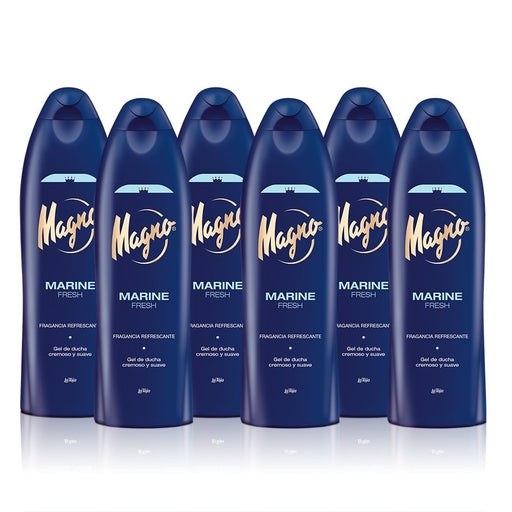 Magno Marine Gel de Ducha, Pack de 6 Unidades. Siente la frescura tonificante del mar en tu piel con esta fragancia revitalizante y su fórmula enriquecida con extracto de Ginkgo. Magno - frontal