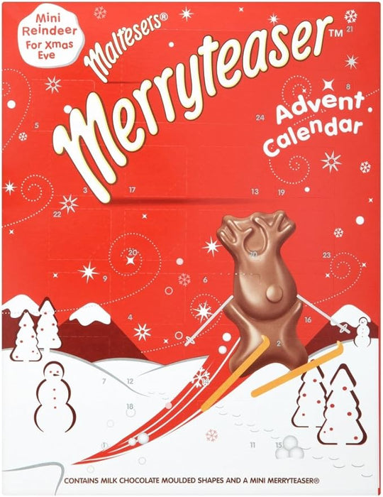 Calendario de Adviento Maltesers Merryteaser, 104g de diversión crujiente. Disfruta de 24 sorpresas de chocolate con leche y un corazón de malta ligero como el aire. Maltesers - frontal