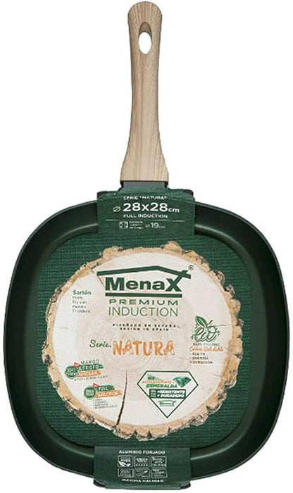 Asadora Grill Menax Natura de 28x28 cm. Plancha de aluminio forjado con 5 capas de antiadherente y base Full Inducción, en un elegante color Verde Esmeralda. Menax - frontal