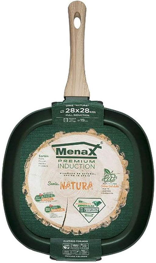Asadora Grill Menax Natura de 28x28 cm. Plancha de aluminio forjado con 5 capas de antiadherente y base Full Inducción, en un elegante color Verde Esmeralda. Menax - frontal