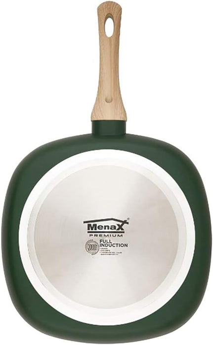 Asadora Grill Menax Natura de 28x28 cm. Plancha de aluminio forjado con 5 capas de antiadherente y base Full Inducción, en un elegante color Verde Esmeralda. Menax - ingredientes