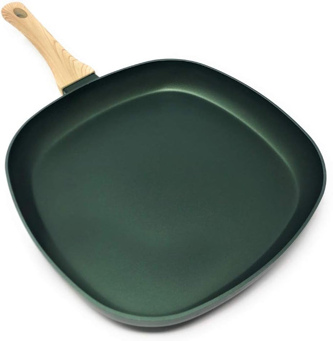 Asadora Grill Menax Natura de 28x28 cm. Plancha de aluminio forjado con 5 capas de antiadherente y base Full Inducción, en un elegante color Verde Esmeralda. Menax - lateral