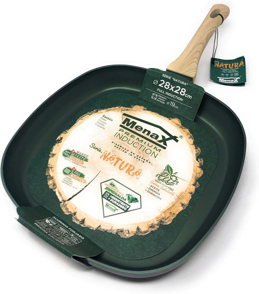 Asadora Grill Menax Natura de 28x28 cm. Plancha de aluminio forjado con 5 capas de antiadherente y base Full Inducción, en un elegante color Verde Esmeralda. Menax - pack