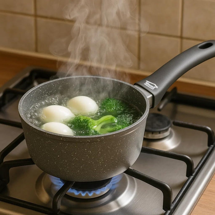 Menax Focus Cazo de Cocina de 16 cm en Aluminio Forjado. Con 5 capas de antiadherente efecto piedra, es ideal para inducción y perfecto para preparar salsas y raciones individuales. Menax - uso