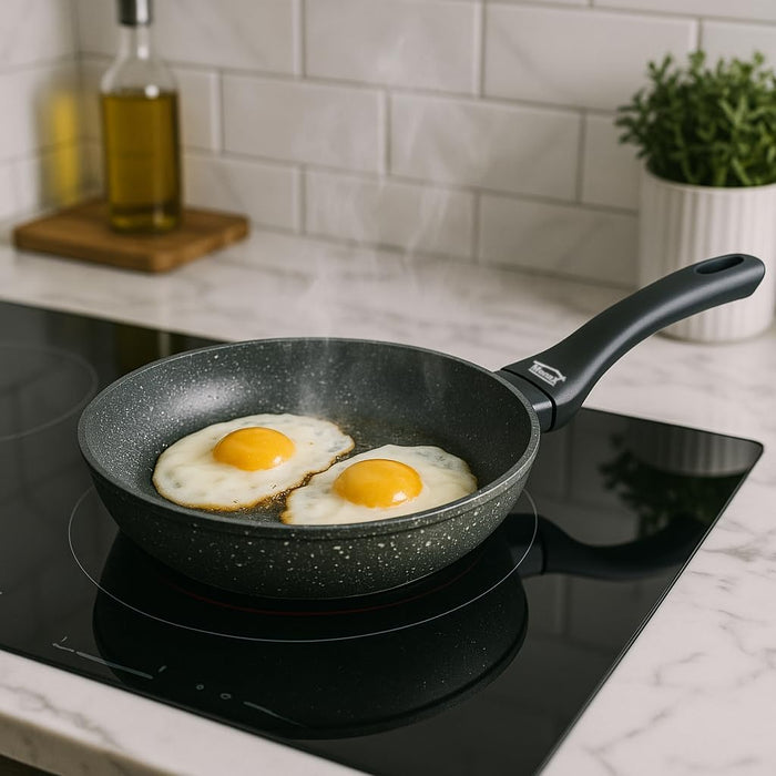 Menax Focus Sartén de 24 cm en Aluminio Forjado. Con antiadherente StoneTech de 5 capas y apta para inducción, es la sartén todoterreno para la cocina familiar del día a día. Menax - ingredientes