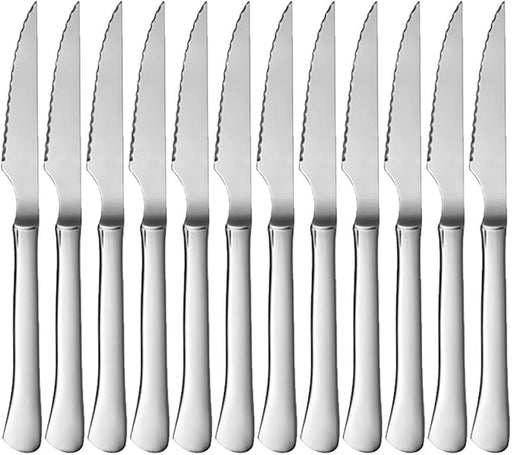Menax - Juego de 12 Cuchillos de Carne Chuleteros, fabricados en Italia. Set de cuchillos de mesa con filo de sierra en acero inoxidable, ideal para bistec y barbacoas. Menax - frontal