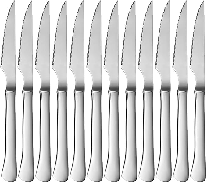 Menax - Juego de 12 Cuchillos de Carne Chuleteros, fabricados en Italia. Set de cuchillos de mesa con filo de sierra en acero inoxidable, ideal para bistec y barbacoas. Menax - frontal