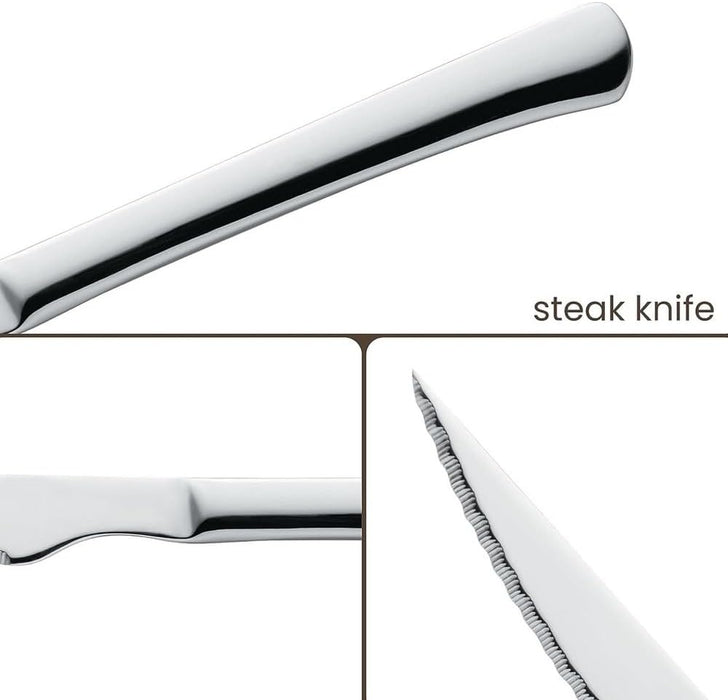 Menax - Juego de 12 Cuchillos de Carne Chuleteros, fabricados en Italia. Set de cuchillos de mesa con filo de sierra en acero inoxidable, ideal para bistec y barbacoas. Menax - presentacion
