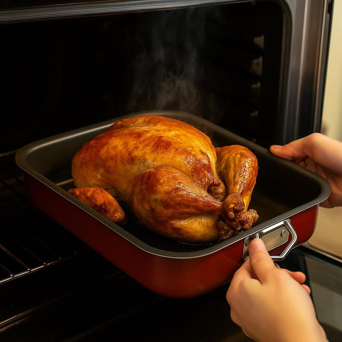 Menax Set de 3 Rustideras de Horno Antiadherentes con Asas. Bandejas para asar fabricadas en Italia, ideales para carnes, pescados, lasañas y repostería. Calidad y versatilidad para tu cocina. Menax - detalle