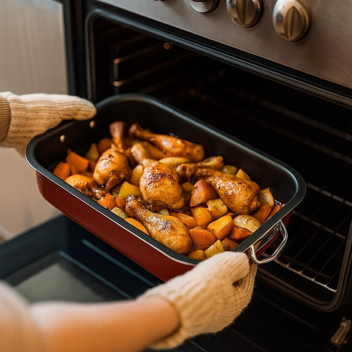 Menax Set de 3 Rustideras de Horno Antiadherentes con Asas. Bandejas para asar fabricadas en Italia, ideales para carnes, pescados, lasañas y repostería. Calidad y versatilidad para tu cocina. Menax - ingredientes
