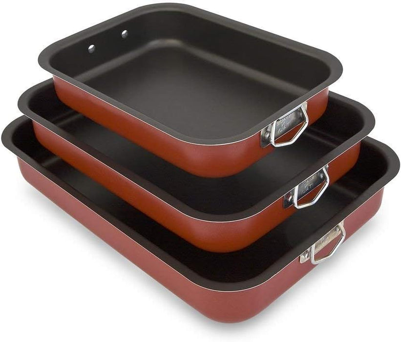 Menax Set de 3 Rustideras de Horno Antiadherentes con Asas. Bandejas para asar fabricadas en Italia, ideales para carnes, pescados, lasañas y repostería. Calidad y versatilidad para tu cocina. Menax - pack