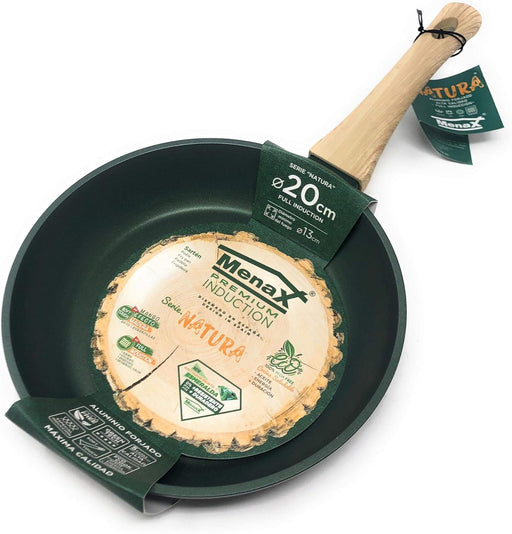 Sartén Menax Natura de 20 cm en Aluminio Forjado. Con 5 capas de antiadherente, base Full Inducción y un exclusivo diseño en color Verde Esmeralda. Menax - pack