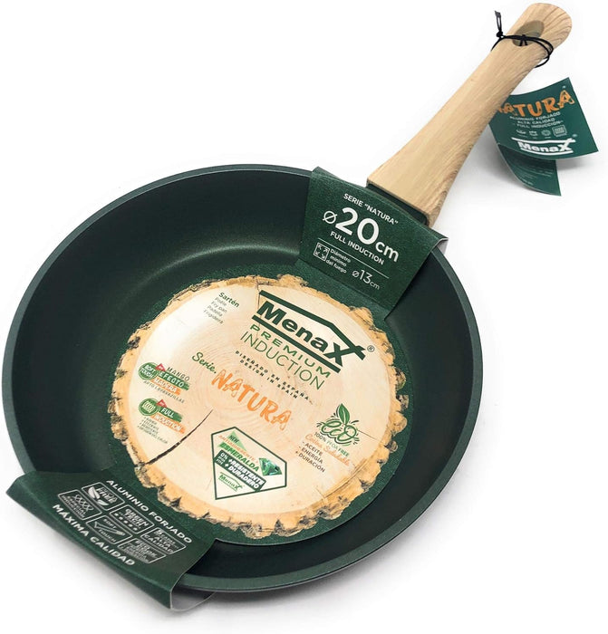 Sartén Menax Natura de 20 cm en Aluminio Forjado. Con 5 capas de antiadherente, base Full Inducción y un exclusivo diseño en color Verde Esmeralda. Menax - pack