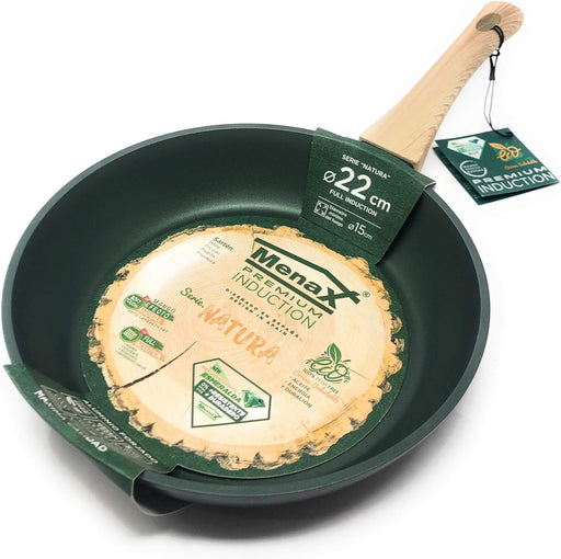 Sartén Menax Natura de 22 cm de Aluminio Forjado. Con 5 capas de antiadherente, base Full Inducción y diseño en color Verde Esmeralda. Ideal para parejas y raciones medianas. Menax - pack