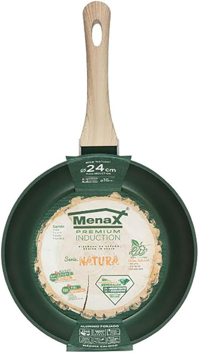 Sartén Menax Natura de 24 cm en Aluminio Forjado. La sartén todoterreno con 5 capas de antiadherente, base Full Inducción y un elegante diseño en Verde Esmeralda. Menax - frontal