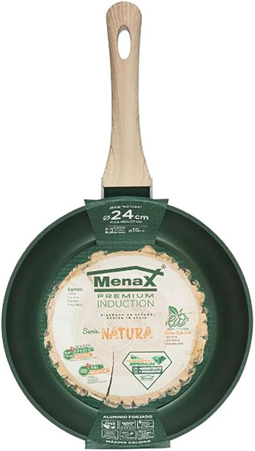 Sartén Menax Natura de 24 cm en Aluminio Forjado. La sartén todoterreno con 5 capas de antiadherente, base Full Inducción y un elegante diseño en Verde Esmeralda. Menax - frontal