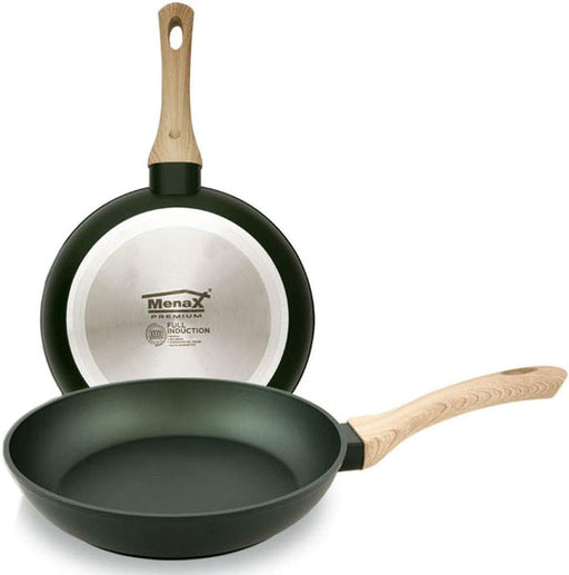 Sartén Menax Natura de 24 cm en Aluminio Forjado. La sartén todoterreno con 5 capas de antiadherente, base Full Inducción y un elegante diseño en Verde Esmeralda. Menax - pack