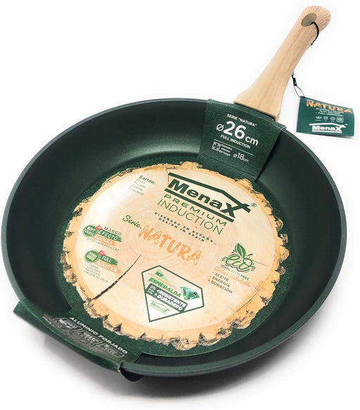 Sartén Menax Natura de 26 cm de Aluminio Forjado. La sartén de gran tamaño con 5 capas de antiadherente, base Full Inducción y diseño exclusivo en Verde Esmeralda. Menax - pack