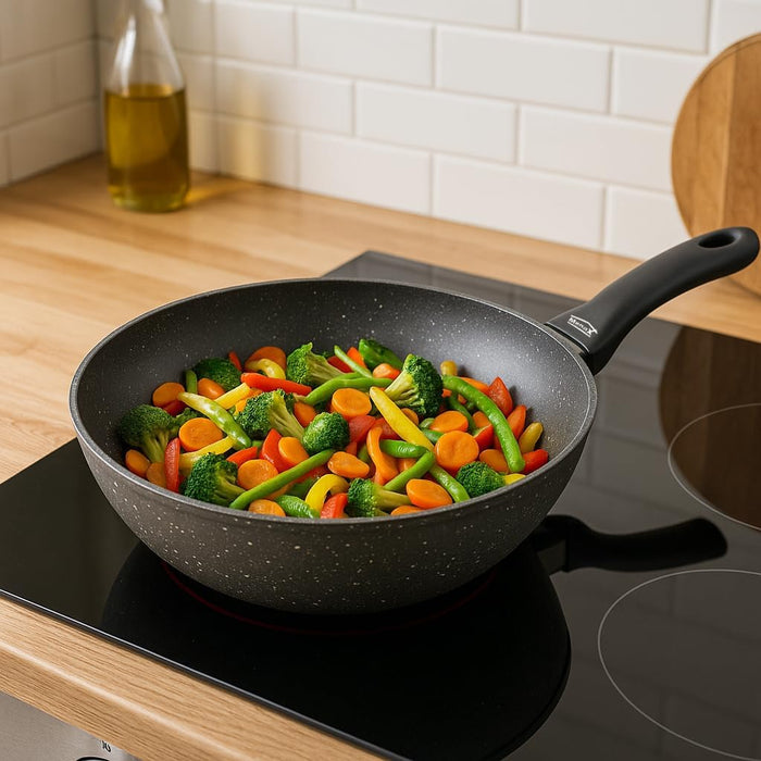 Sartén Wok Familiar Menax Focus de 28 cm. Fabricado en aluminio forjado con 5 capas de antiadherente efecto piedra y compatible con todo tipo de cocinas, incluida inducción. Menax - ingredientes