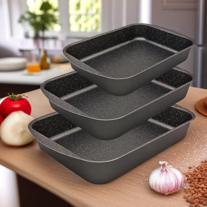 Set de 3 Bandejas de Horno Antiadherentes Menax. Un juego de rustideras de aluminio de alta calidad, fabricadas en Italia y en 3 tamaños diferentes para todas tus recetas. Menax - extra