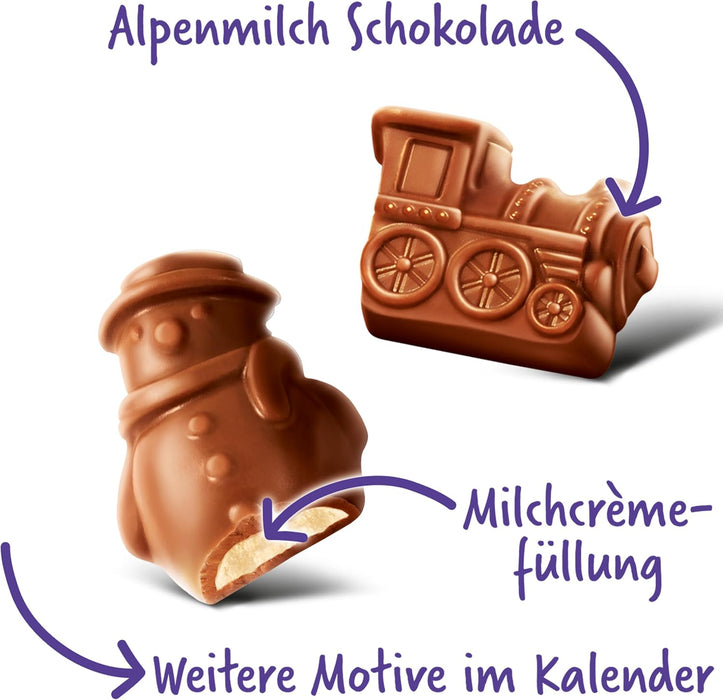 Calendario de Adviento Milka 200g con 24 Chocolatinas. Un regalo de Navidad con la tradición del chocolate con leche de los Alpes y cacao de cultivo sostenible. Milka - ingredientes