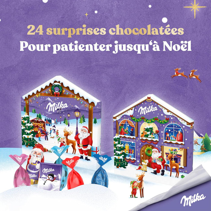 Calendario de Adviento Milka Casa Navideña, 147g de chocolates surtidos. Con 24 sorpresas y 6 variedades diferentes para una cuenta atrás llena de ternura y sabor. Milka - detalle