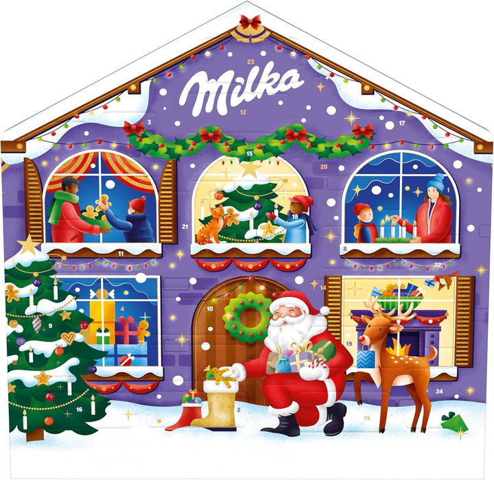 Calendario de Adviento Milka Casa Navideña, 147g de chocolates surtidos. Con 24 sorpresas y 6 variedades diferentes para una cuenta atrás llena de ternura y sabor. Milka - extra