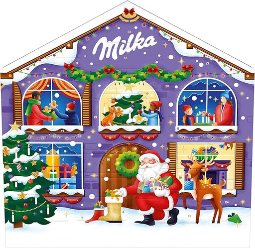 Calendario de Adviento Milka Casa Navideña, 147g de chocolates surtidos. Con 24 sorpresas y 6 variedades diferentes para una cuenta atrás llena de ternura y sabor. Milka - frontal