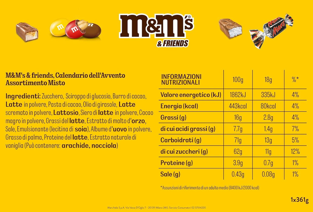 Calendario de Adviento M&M's & Friends con 361g de chocolatinas surtidas. Reúne a tus marcas favoritas: Twix, Snickers, Mars, Bounty, Milky Way y M&M's para una Navidad divertida. M&M's - detalle