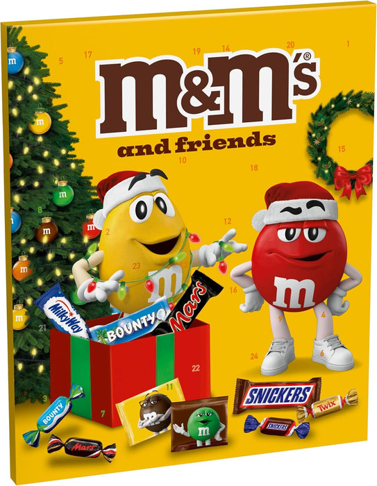 Calendario de Adviento M&M's & Friends con 361g de chocolatinas surtidas. Reúne a tus marcas favoritas: Twix, Snickers, Mars, Bounty, Milky Way y M&M's para una Navidad divertida. M&M's - extra