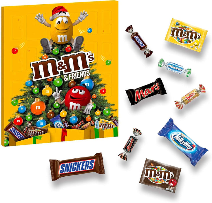 Calendario de Adviento M&M's & Friends con 361g de chocolatinas surtidas. Reúne a tus marcas favoritas: Twix, Snickers, Mars, Bounty, Milky Way y M&M's para una Navidad divertida. M&M's - ingredientes