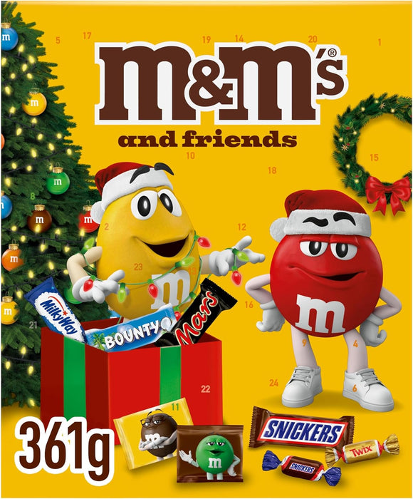 Calendario de Adviento M&M's & Friends con 361g de chocolatinas surtidas. Reúne a tus marcas favoritas: Twix, Snickers, Mars, Bounty, Milky Way y M&M's para una Navidad divertida. M&M's - lateral