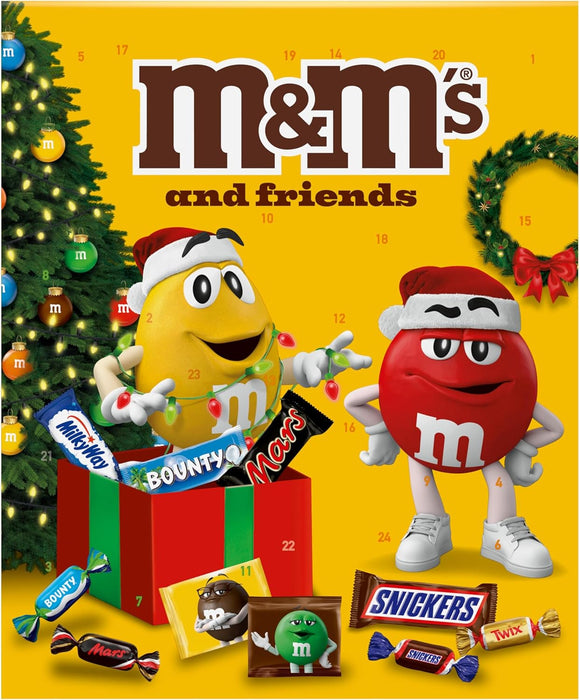 Calendario de Adviento M&M's & Friends con 361g de chocolatinas surtidas. Reúne a tus marcas favoritas: Twix, Snickers, Mars, Bounty, Milky Way y M&M's para una Navidad divertida. M&M's - presentacion