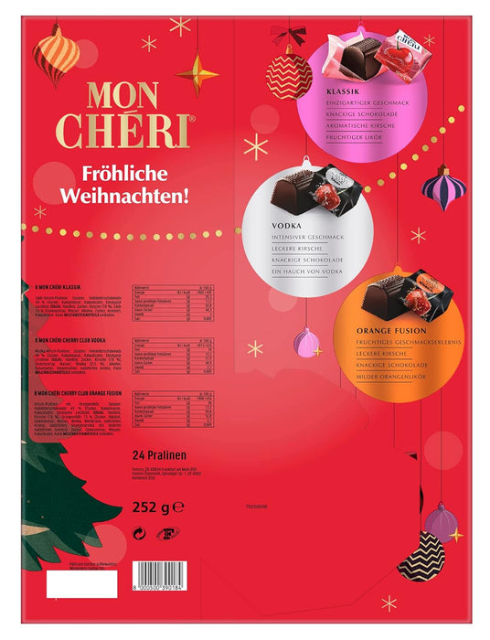 Mon Chéri Calendario de Adviento con 3 variedades de bombones de chocolate y cereza (252g). Una selección de licor, vodka y licor de naranja para una Navidad adulta. Mon Cheri - detalle