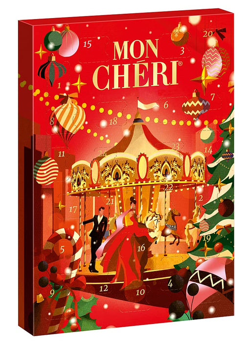 Mon Chéri Calendario de Adviento con 3 variedades de bombones de chocolate y cereza (252g). Una selección de licor, vodka y licor de naranja para una Navidad adulta. Mon Cheri - frontal