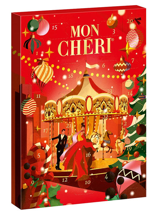 Mon Chéri Calendario de Adviento con 3 variedades de bombones de chocolate y cereza (252g). Una selección de licor, vodka y licor de naranja para una Navidad adulta. Mon Cheri - frontal