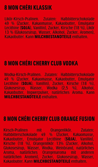 Mon Chéri Calendario de Adviento con 3 variedades de bombones de chocolate y cereza (252g). Una selección de licor, vodka y licor de naranja para una Navidad adulta. Mon Cheri - ingredientes