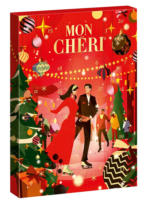 Mon Chéri Calendario de Adviento con 3 variedades de bombones de chocolate y cereza (252g). Una selección de licor, vodka y licor de naranja para una Navidad adulta. Mon Cheri - lateral